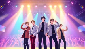 BTS members performing energetically on stage with vibrant lighting and a lively crowd.