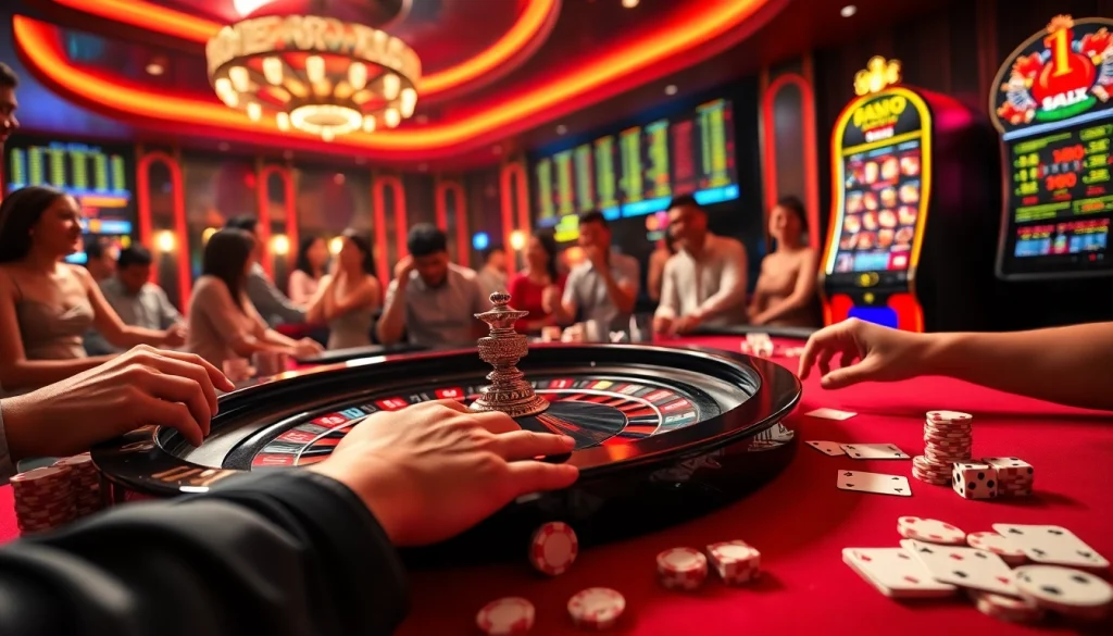 Exciting gambling scene at Plus777 featuring a roulette table, poker chips, and slot machines.
