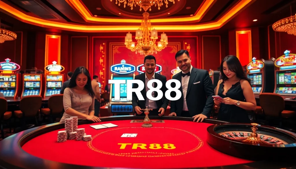 Experience the excitement of gambling as TR88 chips are used in a luxurious casino setting with vibrant decor.