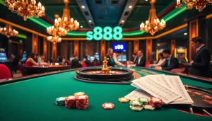 Engaged players at a luxurious casino featuring the s88 roulette wheel and exciting gambling elements.