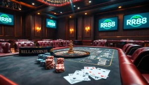 Players engaging in a thrilling RR88 casino experience with poker chips and cards.