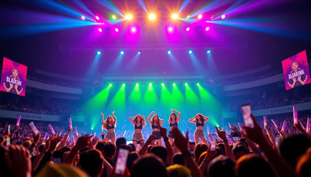 BLACKPINK news highlights lively concert performance with energetic crowd and colorful lights.