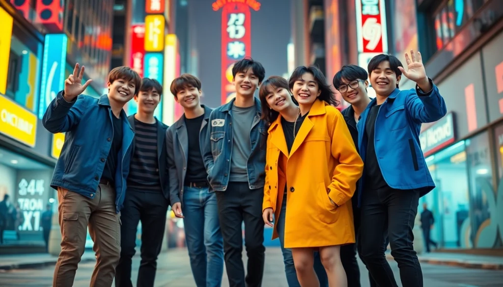 Vibrant interaction among bts members in an urban setting showcasing their unique personalities.