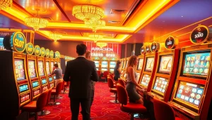 Players enjoying the excitement of slot online apiraja88 at a luxurious casino.