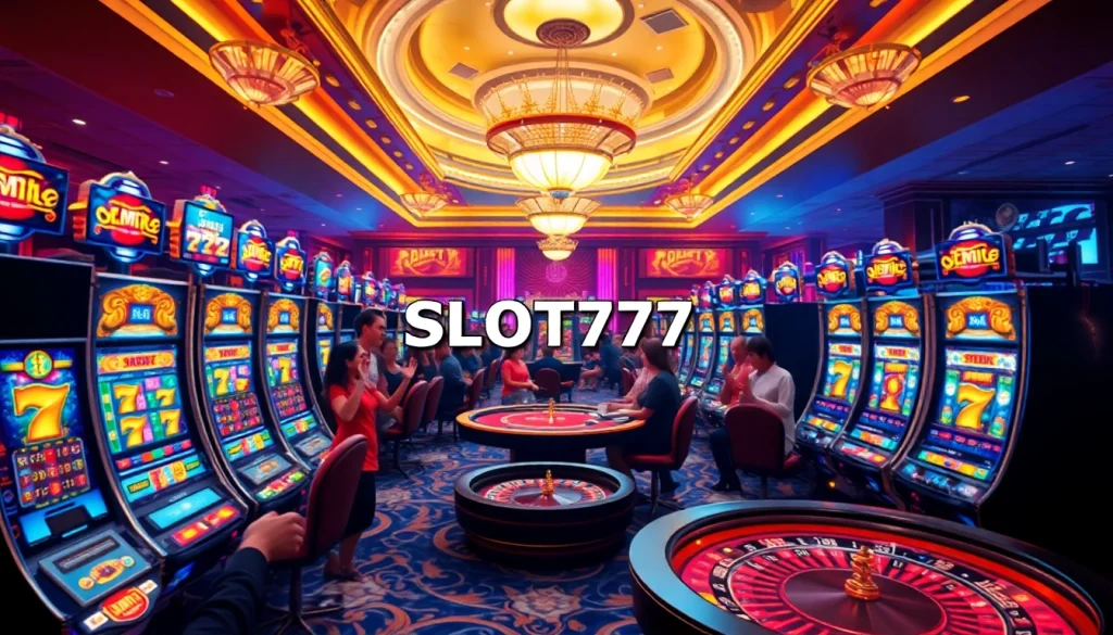 Play exciting slot777 games in a lively casino atmosphere with vibrant machines and enthusiastic players.