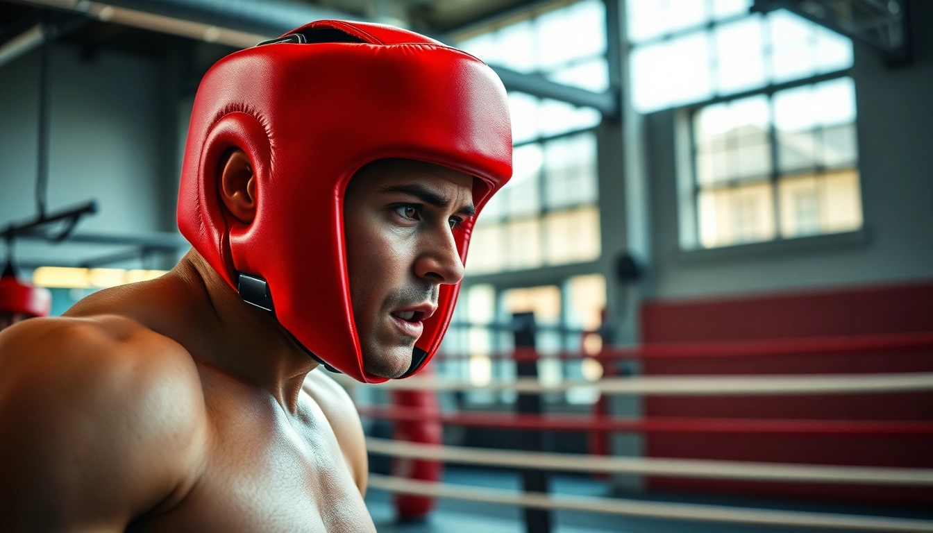 Kämpfer demonstriert verschiedene Stile von headgear boxing mit Sicherheit und Leistung.