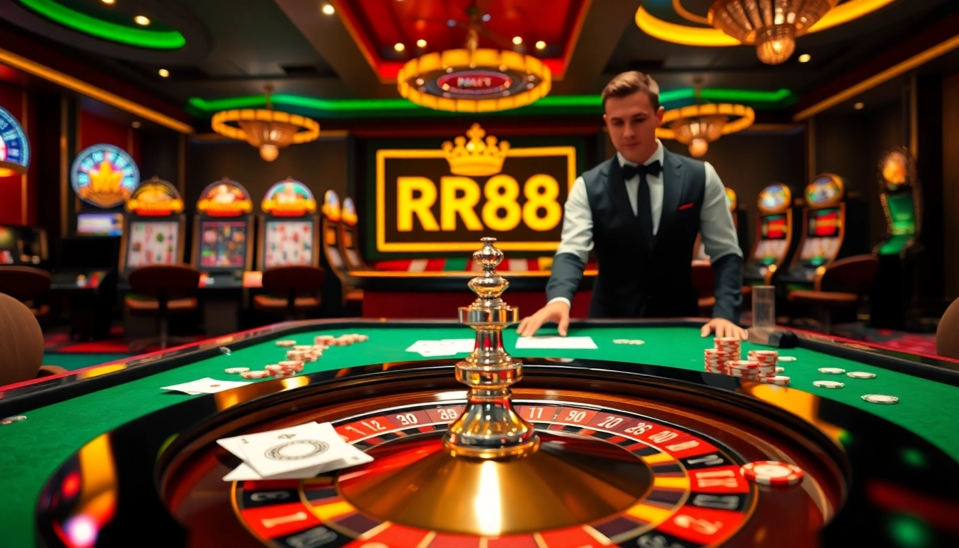 Experience the excitement of RR88 with luxurious casino tables, slot machines, and vibrant betting slips.