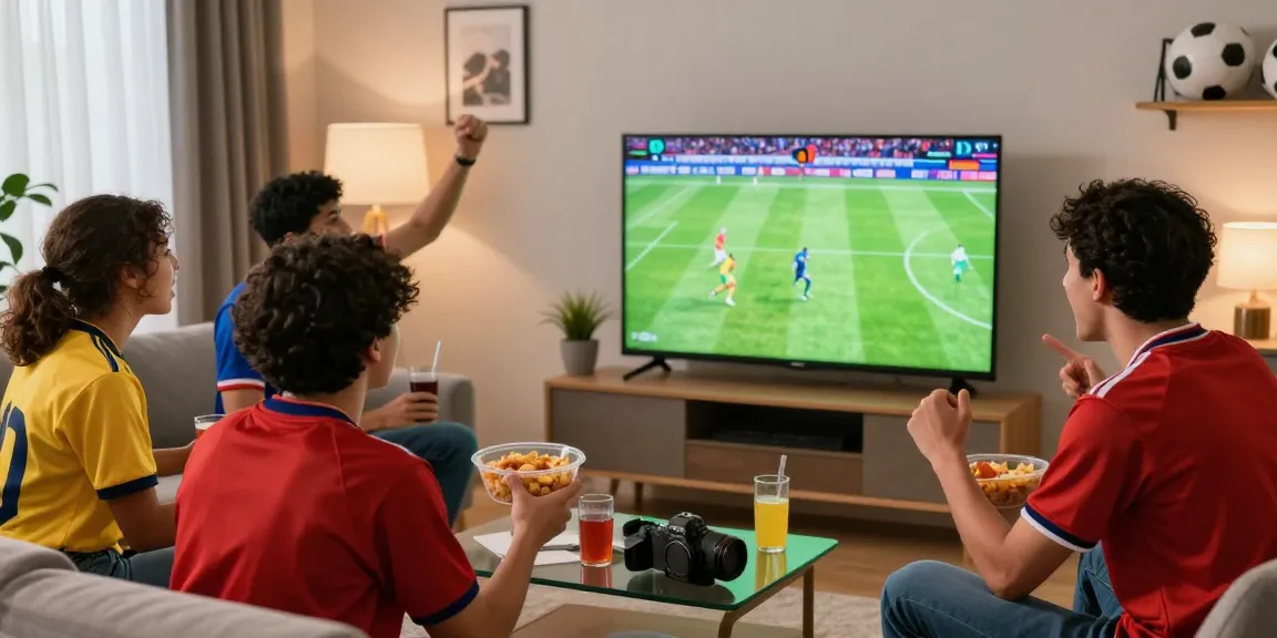 Menikmati live streaming bola dengan teman-teman di ruang tamu yang ramai.